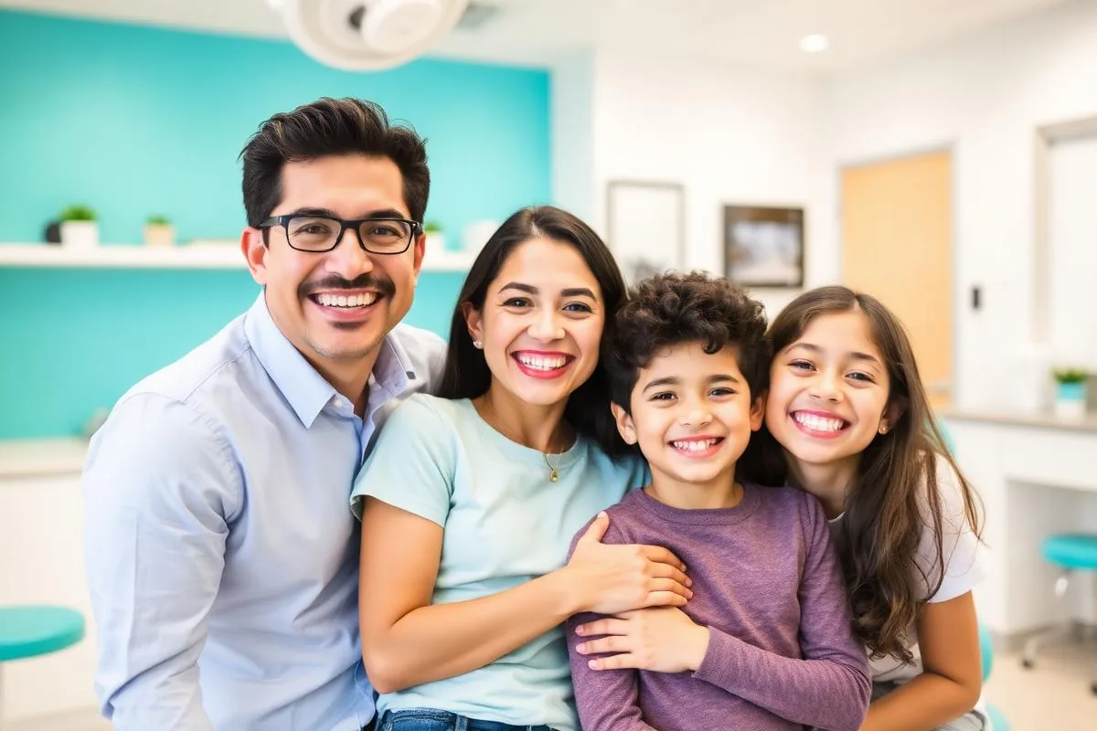 Familia hispana feliz sonriendo tras su visita a Sonrisa Latina Dental