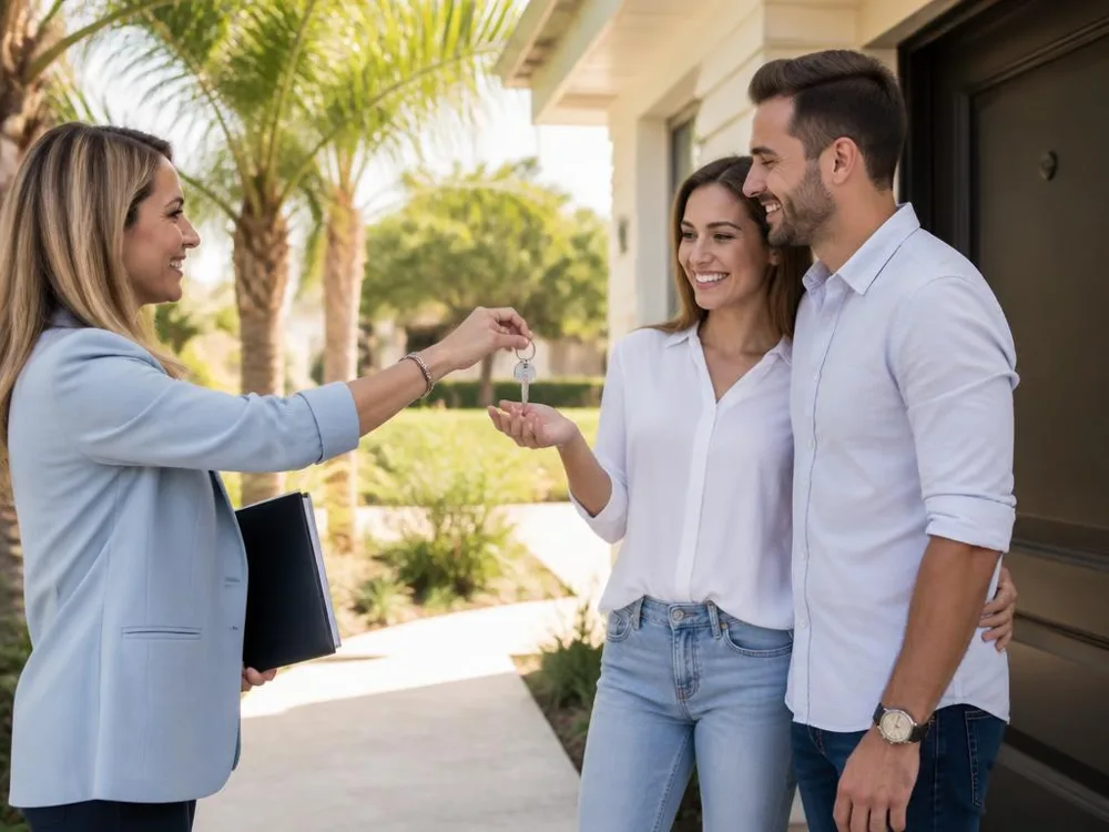 Familia frente a su nueva casa gracias a Hogar Latino Realty