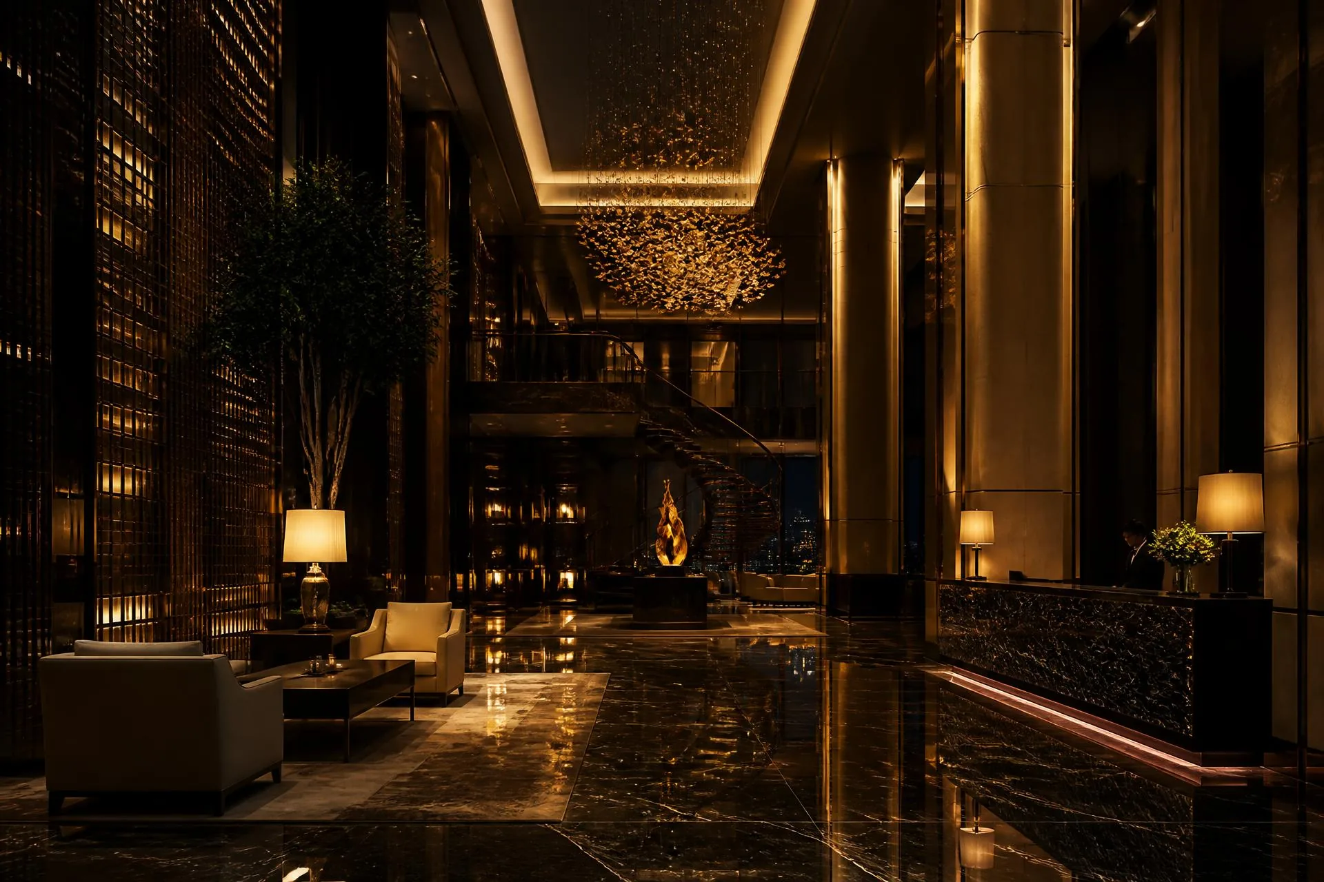 Lobby de lujo iluminado en tonos ámbar